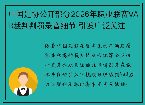 中国足协公开部分2026年职业联赛VAR裁判判罚录音细节 引发广泛关注