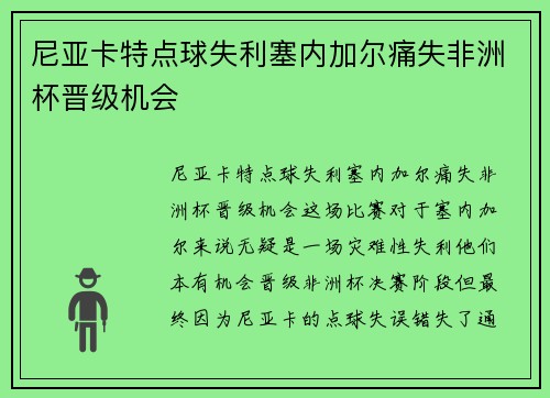 尼亚卡特点球失利塞内加尔痛失非洲杯晋级机会 尼亚卡特点球失利塞内加尔痛失非洲杯晋级机会