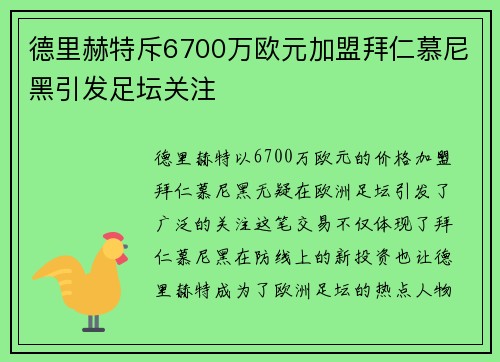 德里赫特斥6700万欧元加盟拜仁慕尼黑引发足坛关注 德里赫特斥6700万欧元加盟拜仁慕尼黑引发足坛关注